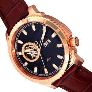 Reign Bauer Automatic Semi-Skeleton Leather-Band Watch - Rose Gold/Black - REIRN6006