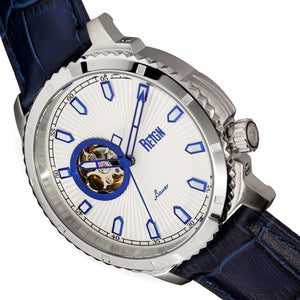 Reign Bauer Automatic Semi-Skeleton Leather-Band Watch - Silver/Blue - REIRN6003