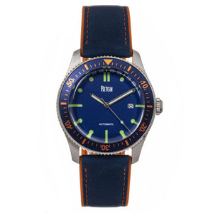 Reign Elijah Automatic Rubber Inlaid Leather-Band Watch W/Date - Blue/Orange  - REIRN6503