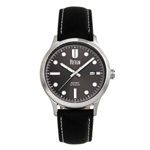 Reign Henry Automatic Canvas-Overlaid Leather-Band Watch w/Date - Gunmetal - REIRN6203