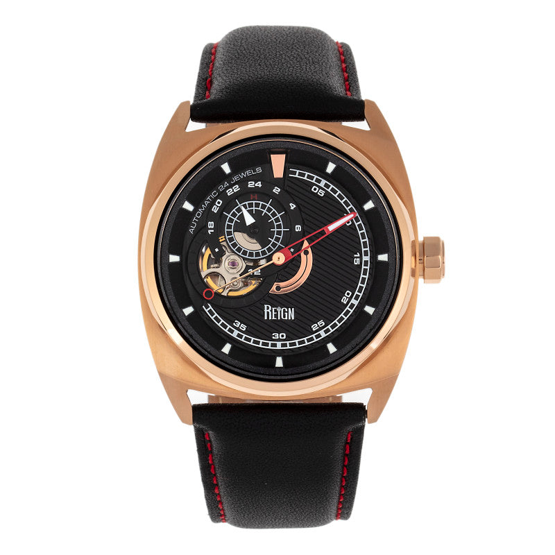Reign Astro Semi-Skeleton Leather-Band Watch