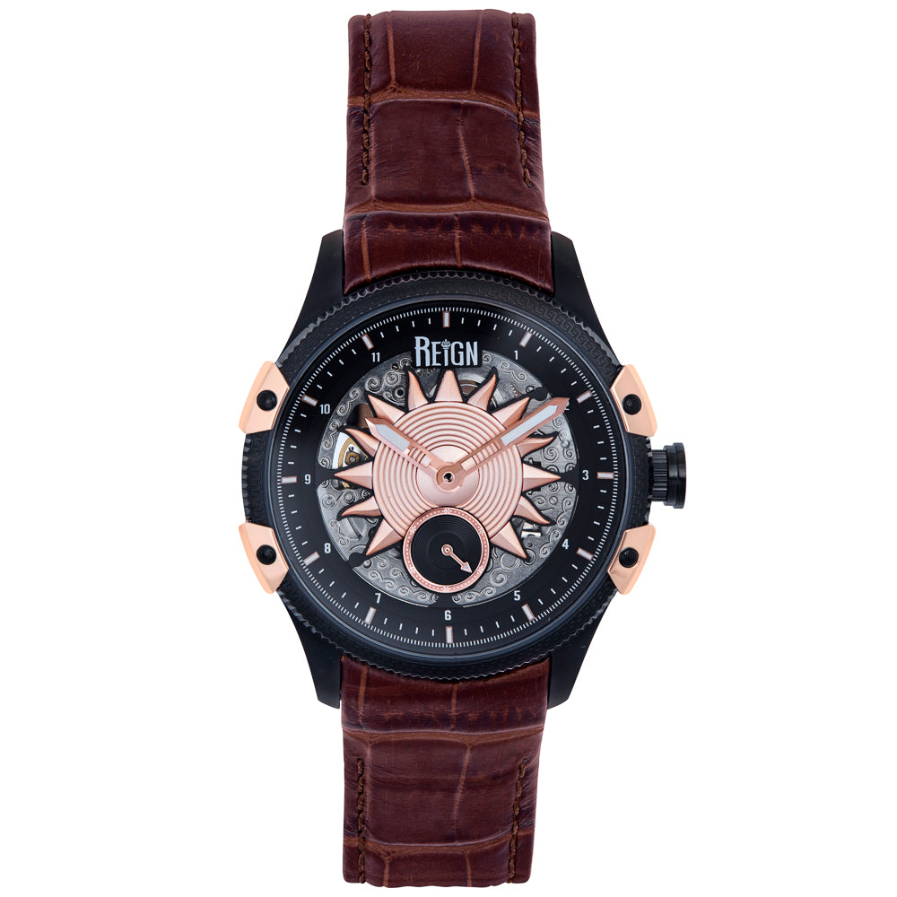 Reign Solstice Automatic Skeletonized Leather-Band Watch - Brown / Gold - REIRN6903