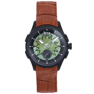 Reign Solstice Automatic Skeletonized Leather-Band Watch - Brown / Green- REIRN6904